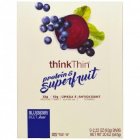 ThinkThin, Protein & Superfruit, Blueberry Beet Acai, 9 Bars, 2.22 oz (63 g) Each