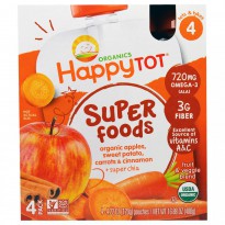Nurture Inc. (Happy Baby), HappyTot, SuperFoods, Organic Apples, Sweet Potato, Carrots & Cinnamon + Superchia, 4 Pouches - 4.22 oz (120 g) Each