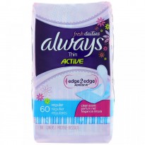 Always, Thin Active Dailies, Regular, Clean Scent, 60 Liners